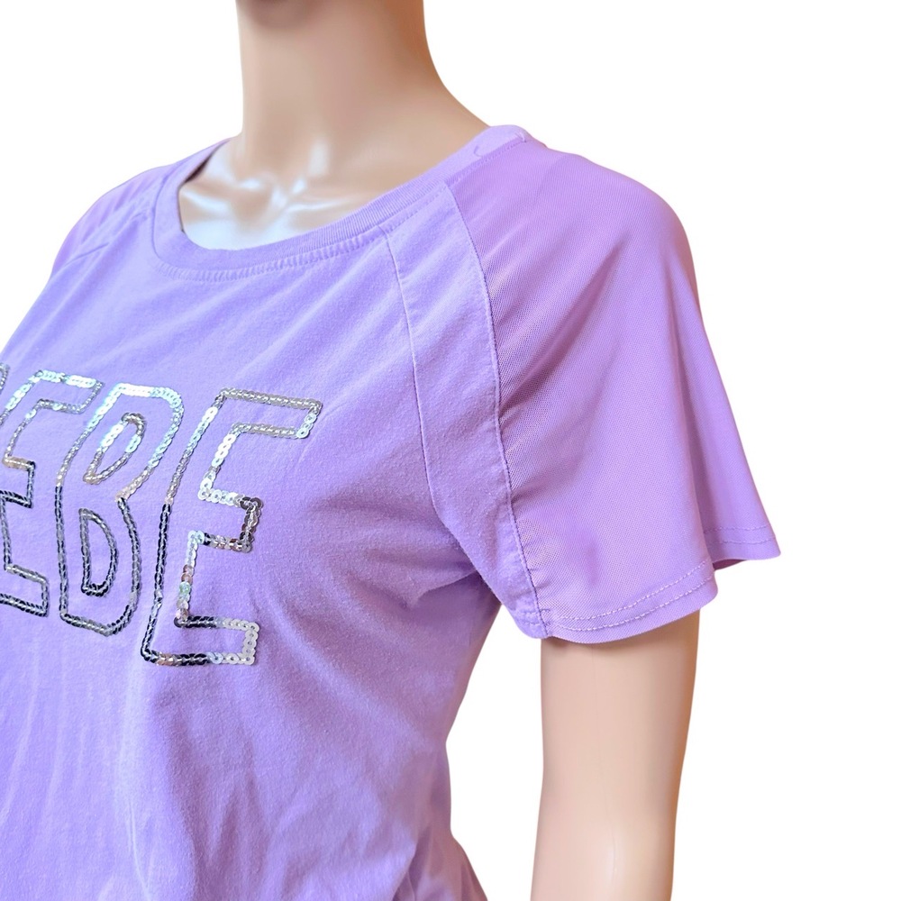 BEBE Women’s M Purple Sequin Logo T-Shirt Top Short‎ Mesh Sleeve Casual Y2K Tee - Picture 5 of 7